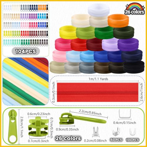 28.6 Yards 26 Pieces Sewing Zippers #3 Nylon Coil Zippers Assorted Zipper for Sewing with 104 Zipper Sliders for DIY Tailor Sewing Crafts Supplies (26 Count)