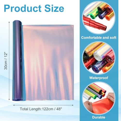 Holographic Clear PVC Vinyl Film Holographic PVC Fabric Waterproof Dichroic Film 12 x 48 Inch for Handbags Bows Earrings DIY Craft