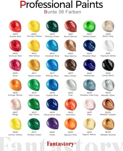 60ml 36 Colors Acrylic Paint Set with 12 Brushes (72 Fl Oz)