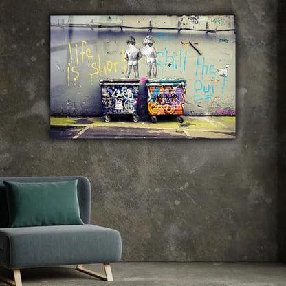 Banksy Peeing Boys Life Is Short Printed Tempered Glass Wall Art Painting for Living Room