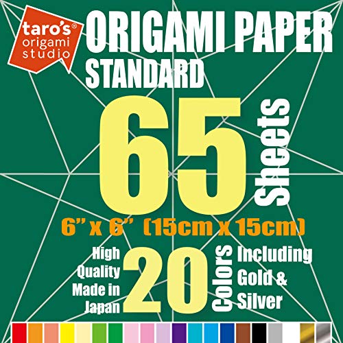 Taro's Origami Studio] Standard 6 Inch One Sided 20 Colors 65 Sheets Square Easy Fold Premium Japanese Paper for Beginner (65 Count)