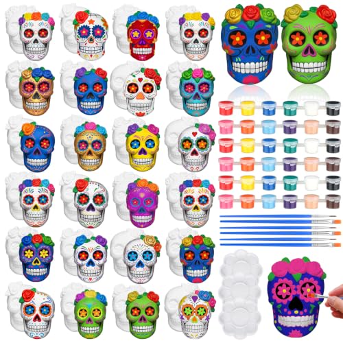 24 Sets Day of Dead Skull Ceramic Figurines Gnome Painting Kit
