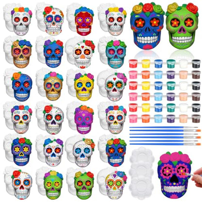 24 Sets Day of Dead Skull Ceramic Figurines Gnome Painting Kit