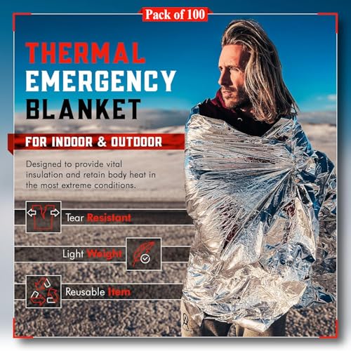 Emergency Blanket Mylar Thermal Space Survival Gear & Supplies 100 (100 Count)