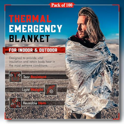 Emergency Blanket Mylar Thermal Space Survival Gear & Supplies 100 (100 Count)
