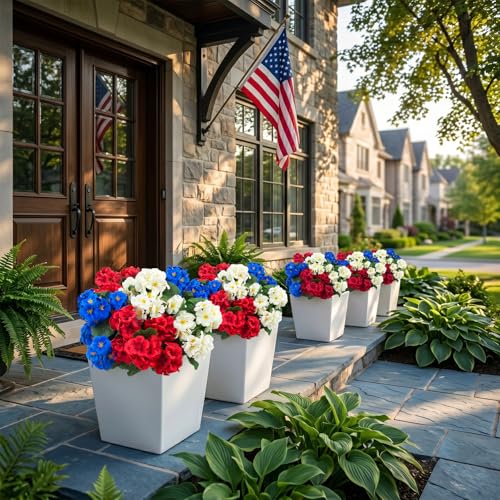 6 Pcs Artificial Geranium Flowers for Outdoors Geranium Silk Flowers Outdoor UV Resistant Plants Faux Patriotic Flowers for 4th of July Home Kitchen Table Centerpieces Decor