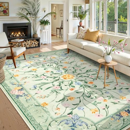 Green Floral 8x10 Area Rug for Living Room (80 Sq Ft)