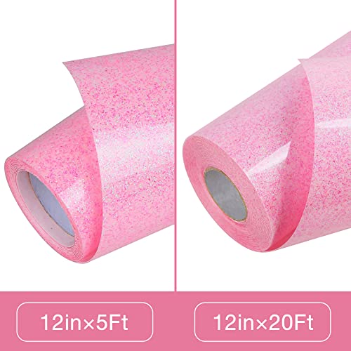 Pink Glitter HTV Heat Transfer Vinyl Large Roll 12 inch x 20 ft Sparkly Iron on Vinyl for T Shirts Crafts