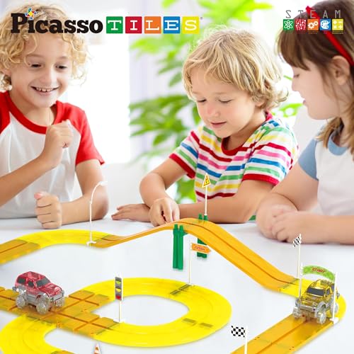 Magnet Tile Compatible Building Race Track Kit Traffic Sign Accessory Stabilizers with Sticker Set STEM Educational Magnets Toddler Racecourse Structure Blocks Add On Ages 3+ PTR01 (18 Count)