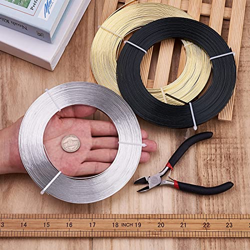 98Ft 3 Colors Aluminum Flat Wire 5mm Wide Bendable Metal Craft Wire Strip 18 Gauge with Side Cutting Plier for Bezel Sculpting Armature Jewelry Making Gem Metal Wrap