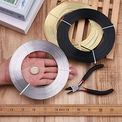 98Ft 3 Colors Aluminum Flat Wire 5mm Wide Bendable Metal Craft Wire Strip 18 Gauge with Side Cutting Plier for Bezel Sculpting Armature Jewelry Making Gem Metal Wrap
