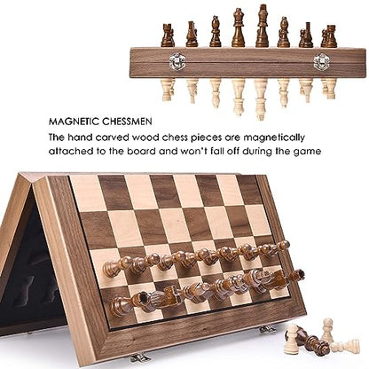 15 Inches Magnetic Wooden Chess Set with 2 Extra Queens