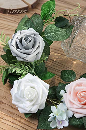 Artificial Flowers 50pcs Real Looking Shimmer Silver Grey Foam Fake Roses with Stems for DIY Christmas Tree Xmas Wedding Bouquets Party Tables Centerpieces Floral Arrangements Home Decor (50 Count)