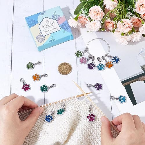 1 Box 16Pcs Knitting Stitch Markers Cute Pet Paw Dog Cat Paws Enamel Charms Lobster Clasp Charms Removable Locking Crochet Pendants for Sewing Weaving DIY Zipper Pull Decoration