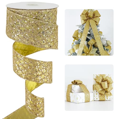 Glitter Gold Diamond Christmas Wired Ribbon 2.5 inch x 10 Yards (30 Foot)