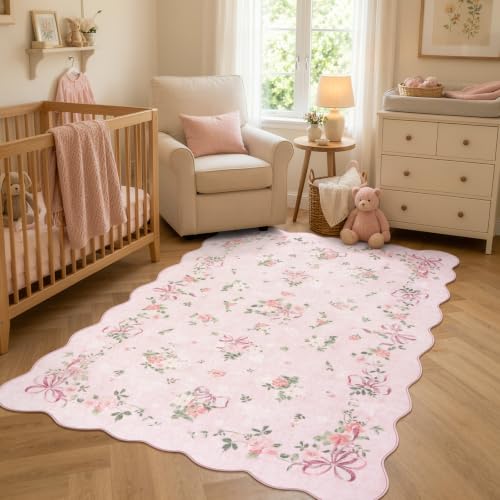 Pink Bow Floral Rug for Bedroom