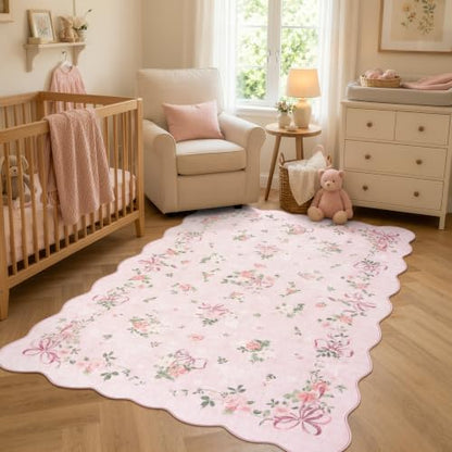 Pink Bow Floral Rug for Bedroom
