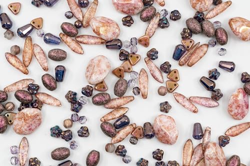 2.1oz (60 g) Mix of Unique Czech Bohemia Glass Pressed Beads, Matte and Glossy, Hand Made, Antique Copper Pink (2.1164 Ounce)