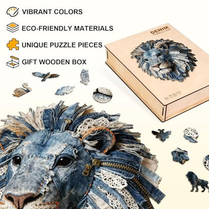 Denim Fabric Lion Puzzles Adults Gifts for Women Men Wooden 255 Pieces 13.4 * 11.6in
