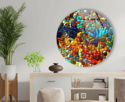 15.8''(40cm) Diameter Red Mosaic Round Glass Wall Art Tempered Glass Printing Wall Decor Large Wall Art Wall Hangings