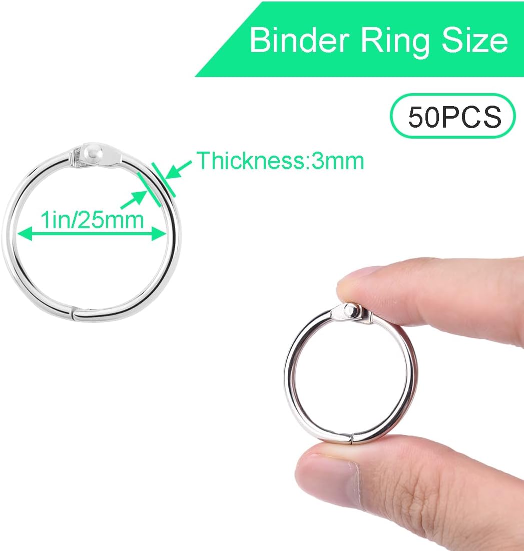 CooBigo Loose Leaf Binder Rings 1 Inch Metal Book Ring Clip for Index Card, Flashcard, Shower Curtain, DMC Embroidery Floss Organizer, Key Chain - Silver(50 Pack)