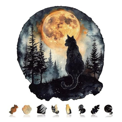 Moon Night Black Cat Puzzles Adults Gifts for Women Men Wooden 100 Pieces 8.5x7.8in