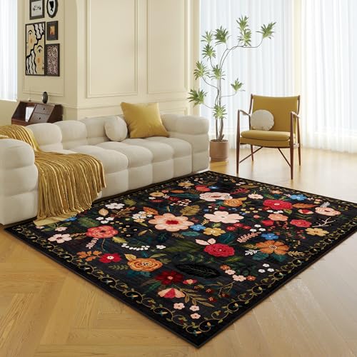 Living Room Rug 5x7 Rug Machine Washable Boho Area Rug Non Slip Floral Vintage Low Pile Large Rugs for Living Room