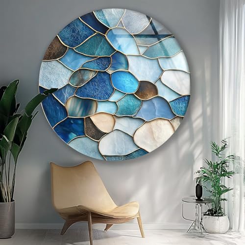 15.8''(40cm) Diameter Coastal Blue Stone Mosaic Round Glass Wall Art Tempered Glass Printing Wall Decor Large Wall Art Wall Hangings