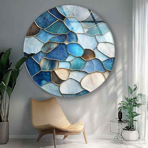 10''(25cm) Diameter Coastal Blue Stone Mosaic Round Glass Wall Art Tempered Glass Printing Wall Decor Large Wall Art Wall Hangings