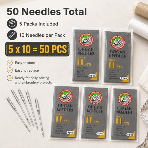 50 PCS Embroidery Sewing Machine Needles for Brother Size 75 (50 Count)