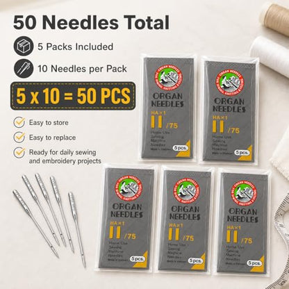 50 PCS Embroidery Sewing Machine Needles for Brother Size 75 (50 Count)