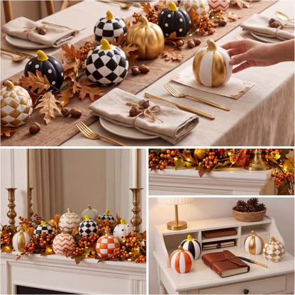 6 Sets Fall Pumpkins Ceramics to Paint Black and White Pumpkin Ready to Paint Your Own Ceramic Pumpkins Statues DIY Unpainted Ceramics Paintable Fall Figurines Kit Crafts with Brush Palette