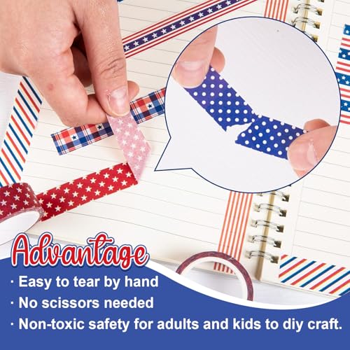 12 Rolls 4th of July Washi Tape Patriotic Stars Stripes Washi Masking Tape Red Blue White Plaids Decorative Paper Stickers for Independence Day Scrapbook Gift Wrapping DIY Art Crafts (196.8 Foot)