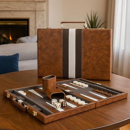 15 Inch Portable Backgammon Set with Folding Board and Leather Travel Case