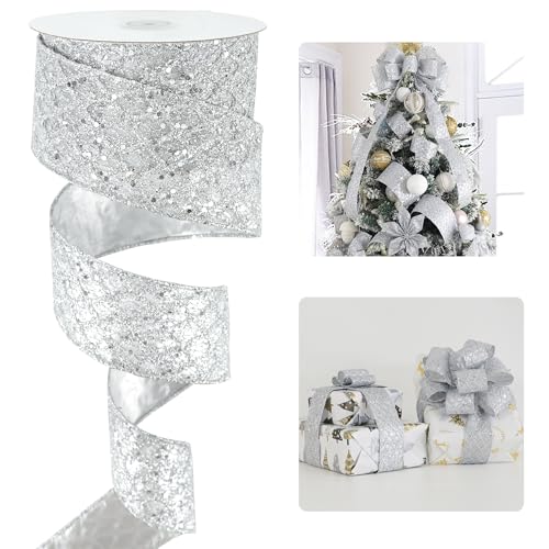 Silver Glitter Wired Christmas Tree Ribbon 2.5 inch x 10 Yards (30 Foot)