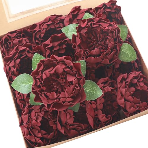 Artificial Flowers 16pcs 4" Burgundy Blooming Peonies Real Looking Foam Fake Peony with Stems for DIY Wedding Bouquets Dark Red Bridal Shower Centerpieces Floral Arrangements Tables Decoration (24 Count)