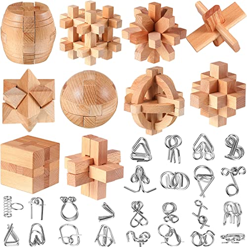 34 Pcs Metal Brain Teaser Puzzles for Kids Adult 3D Wooden Mind Games Puzzle Cube Wooden Brain Games Block Metal Wire Unlock Interlock Game Educational Logic Mind Desktop Toys (34 Count)