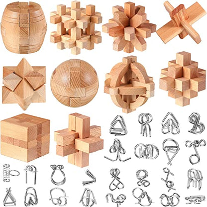 34 Pcs Metal Brain Teaser Puzzles for Kids Adult 3D Wooden Mind Games Puzzle Cube Wooden Brain Games Block Metal Wire Unlock Interlock Game Educational Logic Mind Desktop Toys (34 Count)