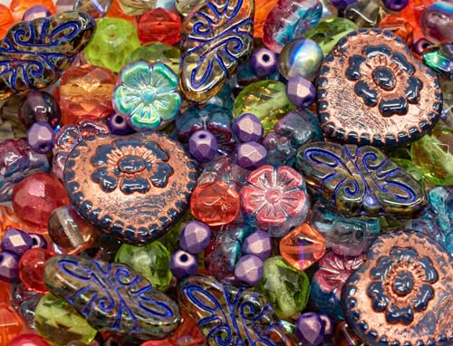 2.1oz (60 g) Mix of Unique Czech Bohemia Glass Pressed Beads, Crazy Purple Green Copper, Table Cut, Matte and Glossy, Faceted Fire Polish, Hand Made Set Kit BCV (2.1164 Ounce)