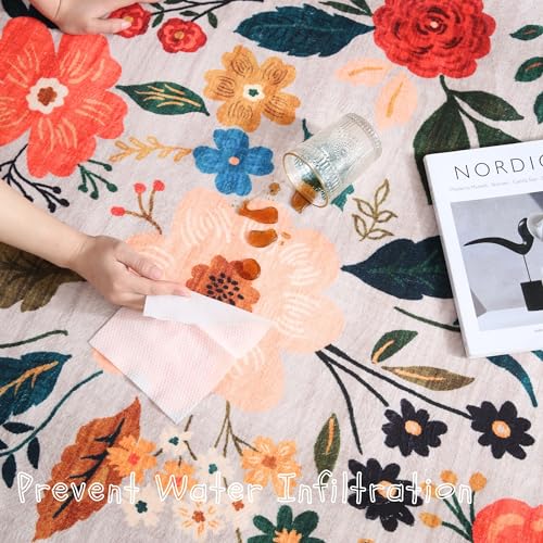 Round Rug 4ft Washable Circle Rug Non Slip Low Pile Boho Floral Small Circular Rug for Bedroom