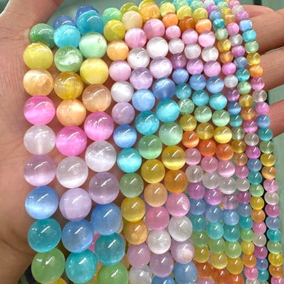 32PCS 12MM Natural Stone Colorful Selenite Gypsum Beads Round Loose Beads for Jewelry Making DIY Bracelet Necklace Accessories 15" Energy Healing Power Stone Beads