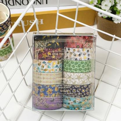 12 Rolls Charming Washi Tape Set Gold Silver Foil Detailing Arts Adhesive Tapes Basic Patterns Decorative Masking Tape Sets for Craft (12 Count)