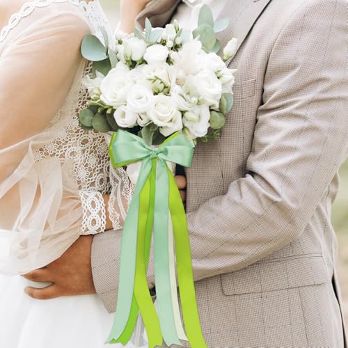 1-1/2 Inch Single-Faced Green Satin Ribbons for Crafts Gift Wrapping Wedding | 6 Rolls Assorted Ribbons for Flower Bouquet Invitations Bridal Shower Hair Bows Garland Party Decor