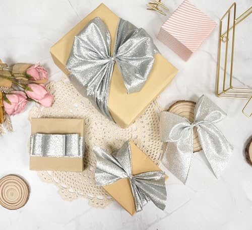 Glitter Wired Ribbon 1.5" x 10 Yards Silver for Christmas Home Decor Bow Gift Wrapping DIY Crafts Wreath (30 Foot)