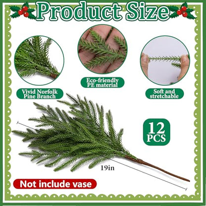 15 Pcs Christmas Norfolk Pine Branches Red Berry Stem Faux Christmas Sprigs (15 Count)