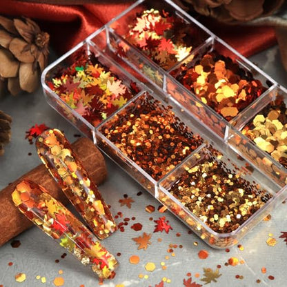 Thanksgiving Glitter Maple Leaf Nail Sequins Fall Nail Flakes Design Nail Charms Holographic Mixed Color 3D Confetti Autumn Nail Art Stickers Maple Leaves Nail Glitter Sequins for Women (2 Ounce)