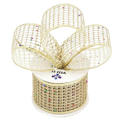 Champagne Gold Glitter Christmas Ribbon 2.5 Inch Square Mesh Net Wired Ribbons with Rainbow Sparkle Champagne Ribbon for Christmas Tree Decoration (30 Foot)