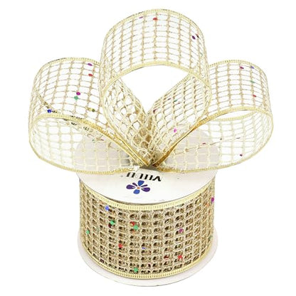 Champagne Gold Glitter Christmas Ribbon 2.5 Inch Square Mesh Net Wired Ribbons with Rainbow Sparkle Champagne Ribbon for Christmas Tree Decoration (30 Foot)