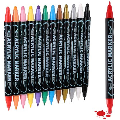 12 Colors Precision Dual Tip Acrylic Paint Markers Pens (12 Count)