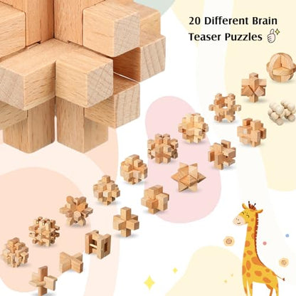 20 Pcs Wooden Brain Teaser Puzzles Small 3D Wooden Puzzles Wood Block Puzzle Logic Box Lock Mind IQ Test Removing Assembling for Adults (20 Count)